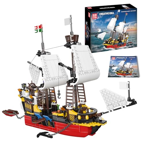 Mould King 10137 Piratenschiff Gebäudes, MOC Rotbart Rache Piratenschiff-Baustein (928 Teile), STEM Technologie Piratenschiff Klemmblock, Montage Schiff-Spielzeug für Kinder/Erwachsene 8+ von Mould King