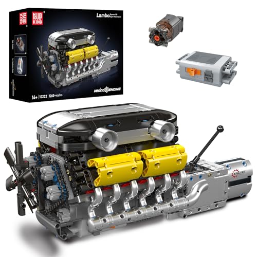 Mould King 10202 MOC Technik V12 Zylinder,in V-Form angeordnet. Motor- und Getriebemodell.Technologie Sportwagen Elektromotorantrieb Klemmbausteine Bausatz Enthält Motor und Batteriekasten 1194 Teile von Mould King