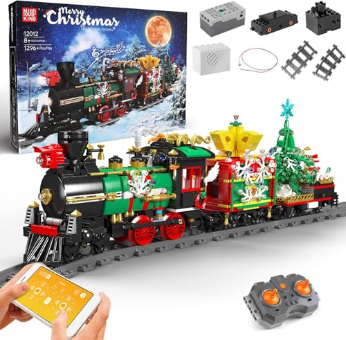 Mould King 12012 Weihnachten Bausteine, 1296 Teile Weihnachten Zug Elektrisch LED-Licht Dampflokomotive Set Modell Bausatz, Weihnachten Geschenke Spielzeug für Kinder ab 8 Jahren von Mould King