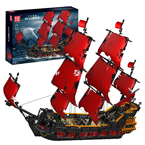 Mould King 13109 Technik Segelboot Modell,The Queen Annes Revenge Großes Rotes Piratenschiff Clamping Blocks Kit 3139 Teile Groß MOC Technologie Königin Annes Rache Klemmbausteine Bausatz von Mould King