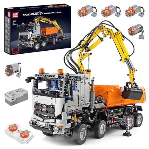 Mould King 19007 Technik Kran Pneumatischer LKW Bausteine, Engineering Truck mit Fernsteuerung und Motoren, 2819 Teile groß MOC Fernbedienung Auto Klemmbausteine Bricks Spielzeug von Mould King