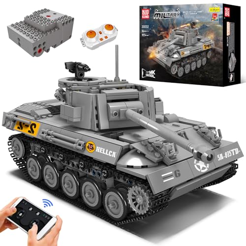 Mould King 20032 Technik Panzer Bausteine Modell, 971 Teile Ferngesteuert Tank Modellbauklötze Kit, Panzer Spielzeug Bausatz mit Fernbedienung und App Dual Control von Mould King