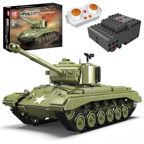 Mould King 20035 MOC M26 Panzer Klemmbausteine Bausatz Kit, Technik Ferngesteuerter Transporter Panzer mit Batterie und Sound, Grün Jagd Panzer Bauklötze Bausatz für Kinder/Erwachsene (1054+ PCS) von Mould King