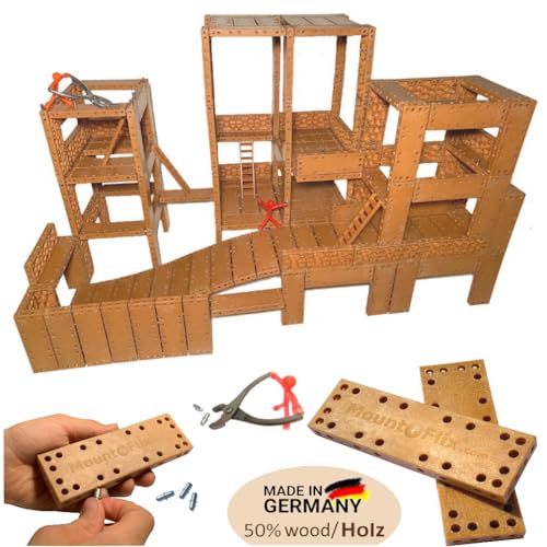 Mount-Flix Basis Set Budget - kreatives Kinderspielzeug aus Biokunststoff mit 50% Holz, vielseitiges Kinder-Konstruktionsspielzeug, Baukasten mit 160 Bausteinen inkl. Zange und Stiften von Mount-Flix