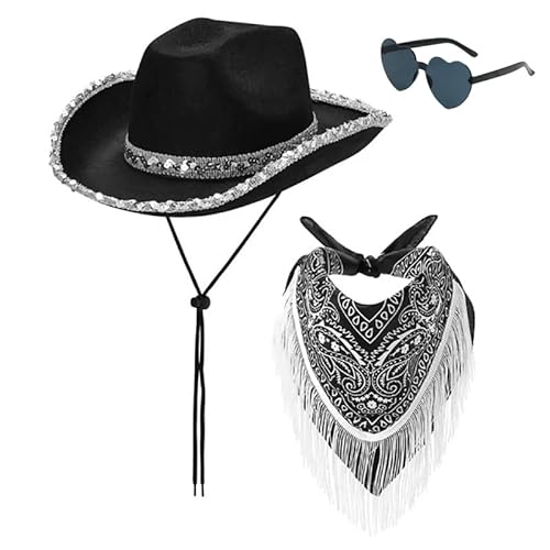 Mounteps Cowboy-/Cowgirl-Hut-Set für Damen, Bandana, Festival, Kostüm, Zubehör (schwarz) von Mounteps