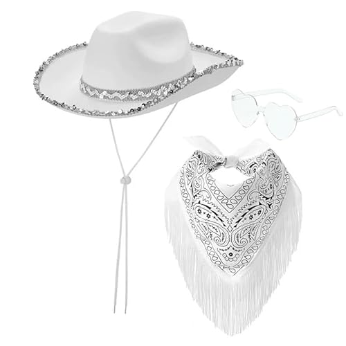 Mounteps Cowboy-/Cowgirl-Hut-Set für Damen, Bandana, Festival, Kostüm, Zubehör (weiß) von Mounteps