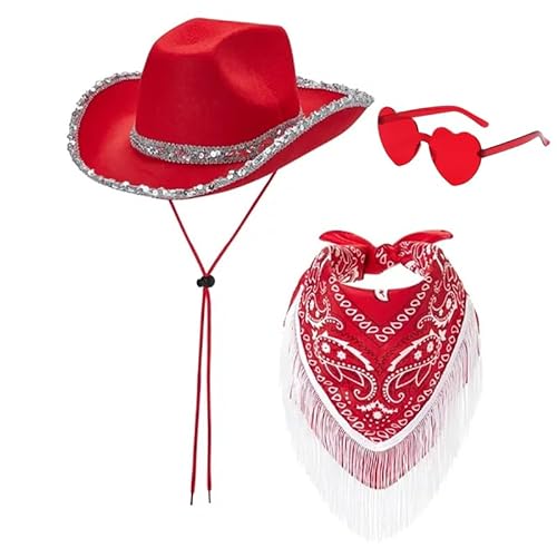 Mounteps Cowboy- und Cowgirl-Hüte für Damen, Bandana, Festival, Kostüm, Zubehör (rot) von Mounteps