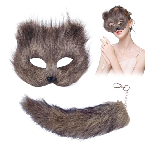 Movehii Katzenmaske und Therianschwanz, Set aus pelziger Fuchsmaske und langem Fuchsschwanz, Schlüsselanhänger, Halbgesichtsmaske, Maskerade Maske für Cosplay, Kostüm, Party-Zubehör (grau) von Movehii