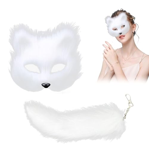 Movehii Katzenmaske und Therianschwanz-Set, pelzige Fuchsmaske & langer Fuchsschwanz, Schlüsselanhänger, Halbgesichtsmaske, Maskerade Maske für Cosplay, Kostüm, Party-Zubehör (weiß) von Movehii