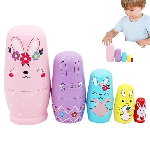 Moxeupon Bunny Russische Nistpuppen, Holznistpuppen,Stapelpuppen für Kinder | Pädagogische Stapel -Spielsets für Mädchen, Cartoon Home Decoration Ornament von Moxeupon