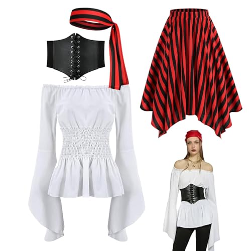 Moxeupon Damenpirat Korsett Kleid, Frauenpiratenkleid - Rollenspiel-Outfits für Frauen - Renaissance von Schulterbluse-Tops, Rollenspielkostüm für Halloween-Party von Moxeupon