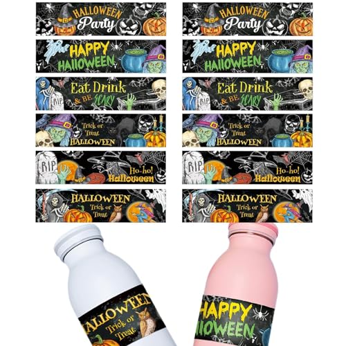 Moxeupon Halloween-Wasserflaschenetiketten,Halloween-Wasserflaschenaufkleber | Happy Halloween Weinaufkleber | 12 Stück ästhetische Aufkleber, Halloween-Partyzubehör, Dekoration, wasserfeste von Moxeupon