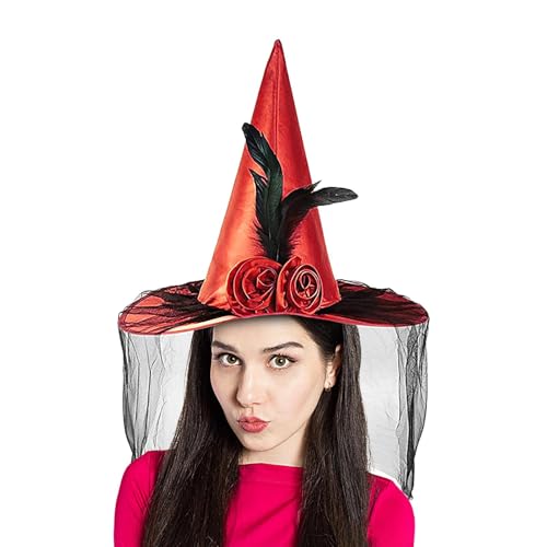 Moxeupon Hexenhüte für Frauen, Hexenhut für Erwachsene, Halloween-Hut-Zauberer-Kostüm, Zaubererhut mit Halbschleier, Federrose-Hut mit breiter Krempe, Partyhüte, spitzer Hut, Halloween-Kostümzubehör von Moxeupon