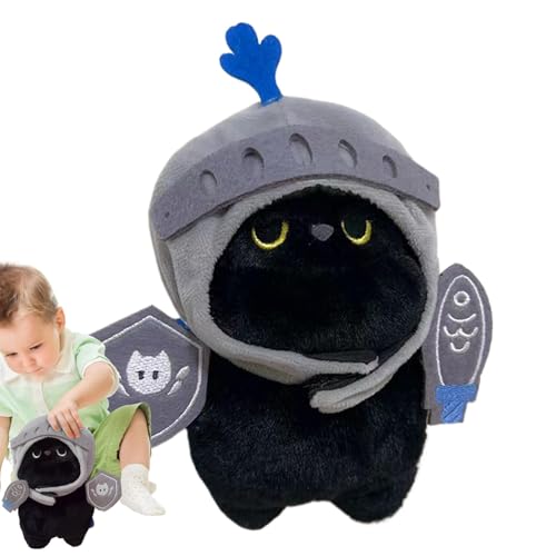 Moxeupon Ritter-Katze-Kuscheltiere,Stuffy Ritter-Katze - 7,87 Zoll Schwarze Katze Stofftiere Plüsch - Niedlicher schwarzer Katzenritter, ausgestopftes Plüschkatzen-Plüsch-Q-Design für Kinder und von Moxeupon