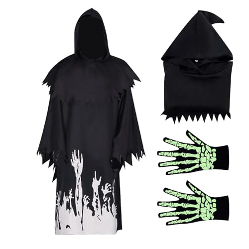 Reaper-Halloween-Kostüm, schwarzer Reaper-Umhang | Kapuzenumhang, der im Dunkeln leuchtet,Glow In The Dark Death Reaper Gruselige Feiertagskostüme, atmungsaktiv für Partys, Cosplay von Moxeupon