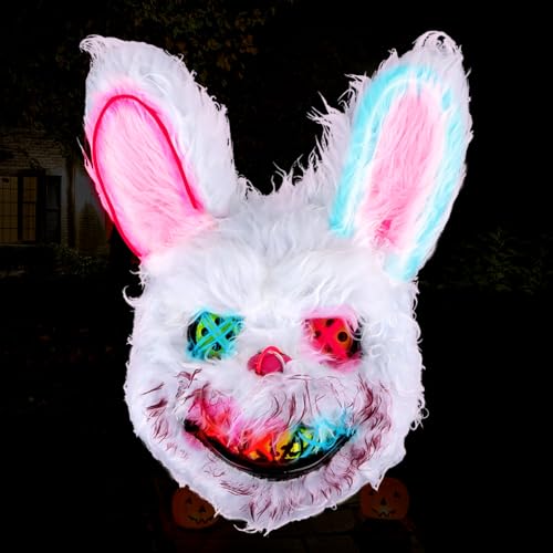 Horror Hasen Maske Halloween Maske, LED Blutige Kaninchen Maske, Horror Hasenmaske, Plüsch Bloody Bunny Maske, Halloween Horror Hase Maske für Halloween Kostüm Karnevalsparty von MplehDa