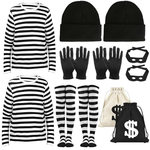 2 Set Halloween Räuber Kostüm Dieb Cosplay Einbrecher Gestreiftes Hemd Strickmütze Segeltuch Taschen Augenmaske für Damen Herren, Schwarz weiß gestreift, Einheitsgr��e von Mprocen