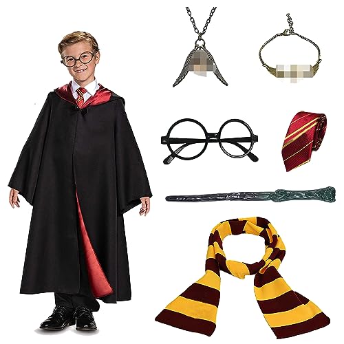 Erwachsene Kinder dunkler Zauberer Halloween Kostüm, Zauberer Schulmantel, Zauberstab, Krawatte, Schal, Brille, Halsketten und Armbänder Kostüm mit Umhang, Magische Cosplay Kostüme(155CM) von Mprocen