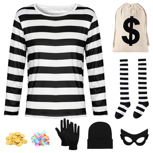 Frauen Räuber Kostüm, Erwachsene Einbrecher Kostüm, Schwarz-Weiß gestreiftes T-Shirt, Strümpfe Augen Geldbeutel Edelsteine Münzen Dieb Kostüm für Halloween Karneval Welttag des Buches Fancy Dress Frauen Räuber Kostüm, Erwachsene Einbrecher Kostüm, Schwarz-Weiß gestreiftes T-Shirt, Strümpfe Augen Geldbeutel Edelsteine Münzen Dieb Kostüm für Halloween Karneval Welttag des Buches Fancy Dress von Mprocen