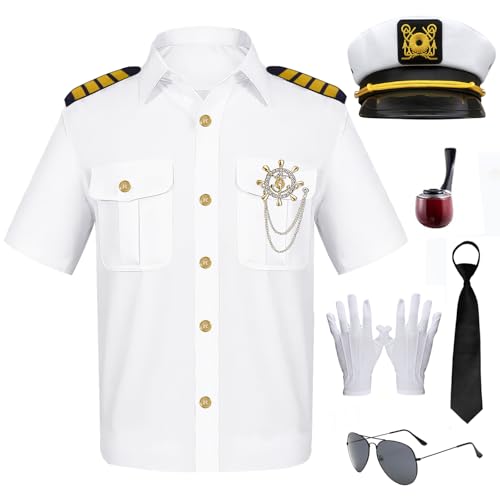 Kapitän Kostüm Kapitäns Hemd, Kapitän Matrosen Kostüm mit Marine Hut, Pfeife, Sonnenbrille, Krawatte, Anstecknadel, Handschuhe Fancy Dress Kostüme für Männer Halloween Karneval(L)(2XL) von Mprocen