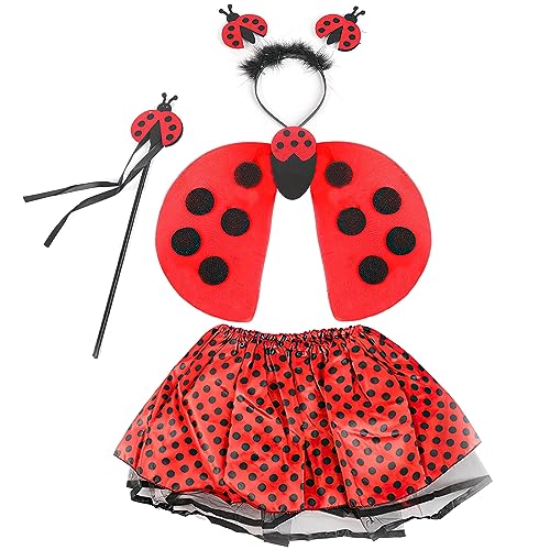 Marienkäfer-Rock für Kinder, 4PCS Marienkäfer Kostüm Mädchen, Tutu Rock, Marienkäfer Flügel, Zauberstab und Haarband, Marienkäfer Kleid Polka Dots für Karneval Geburtstag Halloween-Party von Mprocen