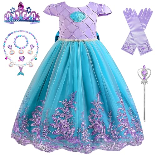 Mädchen Meerjungfrau Kostüm, Kinder Meerjungfrau Prinzessin Kleid mit Krone Zauberstab Halskette Set für Cosplay Geburtstag Party Halloween Brautjungfer Kleid up von Mprocen