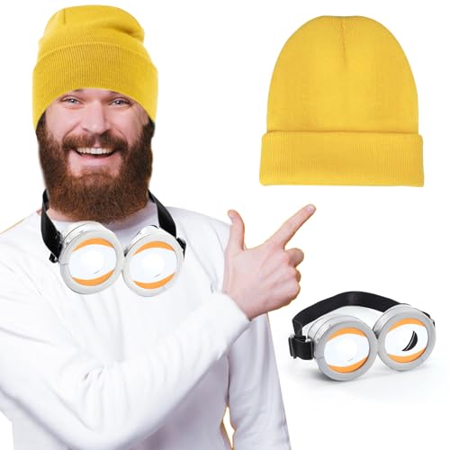 Minion Brille mit schwarzen Handschuhen, gelber Hut für Halloween Karneval Weihnachten Party (Style 1) von Mprocen