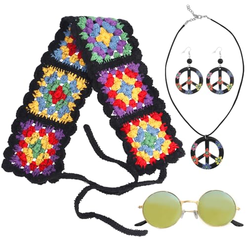 Mprocen 4Pcs Hippie Kostüm Zubehör, 70s 60s Hippie Zubehör mit Sonnenbrille Sonnenblumen Stirnband Friedenszeichen Halskette Ohrring für Damen 70s 80s Karneval Mode Thema Party von Mprocen