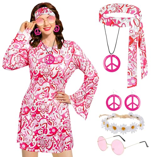 Mprocen 70er Jahre Hippie Kleid Kostüm, Damen Hippie Kostüm mit Blumen Stirnband Sonnenbrille Halskette, 60er 70er Jahre Disco Verkleidung 70er Jahre Outfit für Disco Karneval Mottoparty (Rosa, XL) von Mprocen