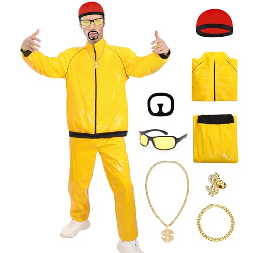 Mprocen 90er Jahre Rapper Celebrity Ali G Kostüm Erwachsene, 80er Jahre 8-teiliges lustiges gelbes Muschelanzug mit Halskette Brille Bart, roter Hut, Halskette, Armband & Ring für Xmas Party Karneval Mprocen 90er Jahre Rapper Celebrity Ali G Kostüm Erwachsene, 80er Jahre 8-teiliges lustiges gelbes Muschelanzug mit Halskette Brille Bart, roter Hut, Halskette, Armband & Ring für Xmas Party Karneval von Mprocen