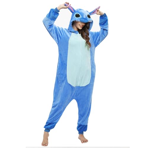 Mprocen Stitch Onesie Jumpsuit Stitch Kostüm Frauen Männer Pyjamas Weihnachten Karneval Halloween Pyjamas Cosplay Erwachsene Karneval Ein Stück Anzug(Blue, L) von Mprocen