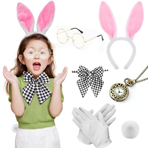 Mprocen Bunny Kostüm Zubehör Set Fasching Bunny Set mit Uhr Weiß Hasenohren Fliege Hasenschwanz Weltbuchtag Buchwoche Fasching Kostüm Zubehör von Mprocen