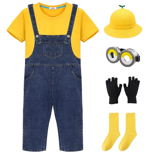 Kinder Halloween Kostüm Movie Jumpsuit Kostüm gelbes T-Shirt mit Brille und Hut, Jungen Mädchen Fancy Dress für Halloween Karneval Weihnachten Geburtstag Thema Party Dress Up von Mprocen