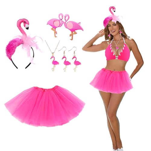 Mprocen Flamingo Kostüm, Flamingos Stirnband Brille Rosa Tutu Rock Damen Hawaii Kostüm Zubehör, Tropisches Haarband Kostüm für Hawaii Party Fasching Sommer Party von Mprocen