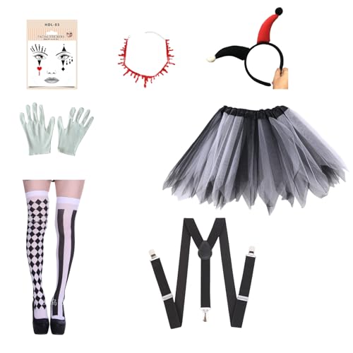 Mprocen Halloween Schwarz Weiß Clown Tutu Rock Outfit Set mit blutiger Halskette, Stirnband, Handschuhen, Aufklebern, Strapsen, Socken, für Halloween Karneval Cosplay Party, Frauen und Mädchen Mprocen Halloween Schwarz Weiß Clown Tutu Rock Outfit Set mit blutiger Halskette, Stirnband, Handschuhen, Aufklebern, Strapsen, Socken, für Halloween Karneval Cosplay Party, Frauen und Mädchen von Mprocen