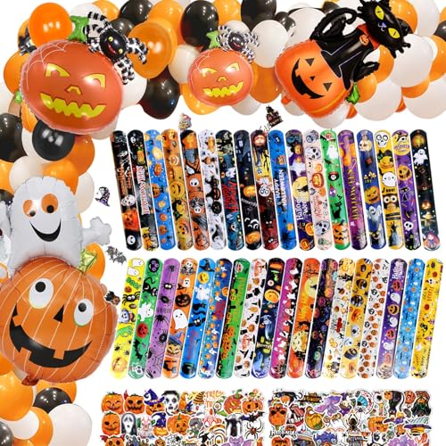 Halloween Slap Armbänder für Kinder, 36pcs Slap Bands Wristband 50 Stück Halloween Aufkleber 113PCS Halloween Ballon, Kürbis Schädel Geist Slap Armband für Halloween Party Favors Tasche Füller von Mprocen