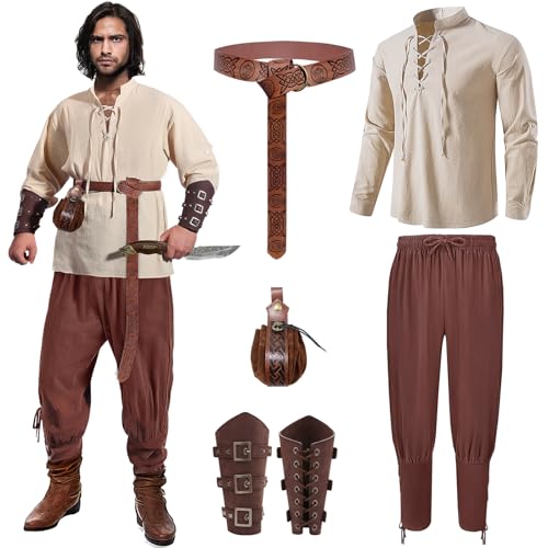 Mprocen Hemd Viking Kostüm Herren Set, Halloween Renaissance Viktorianisches Wikinger Kostüm mit Kniebundhosen Steampunk Gürtel für Halloween Faschingsverkleidung von Mprocen