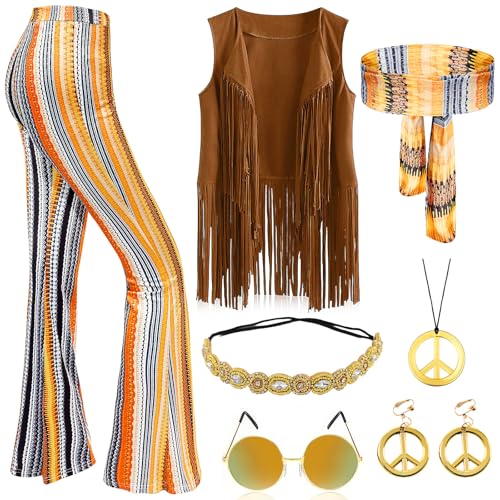 Mprocen Hippie Kostüm 70er Jahre Disco Hose Fransen Weste, 60er 70er Jahre Karneval Kostüm Damen Boho Hippie Kostüm für Karneval Mottoparty, braun, 42 von Mprocen