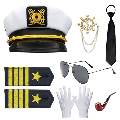 Mprocen Yacht Kapitän Hut Kapitän Kostüm Zubehör, verstellbare Kapitänsmütze, Gold Anker Brosche, Schulter Pins, Pfeife Prop, schwarze Krawatte Sonnenbrille für Halloween Karneval Thema Party Cosplay von Mprocen