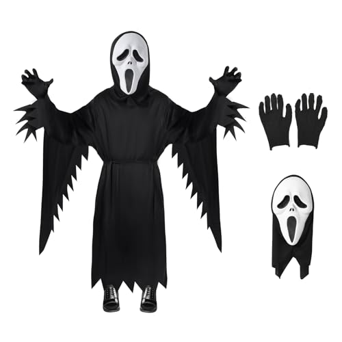 Mprocen Kinder Geistergesicht Kostüm Set Halloween Geistergesicht Kostüm, Film Outfit mit Grusel Maske, Schrei Kostüm Fancy Dress für Halloween Karneval Themen Party von Mprocen