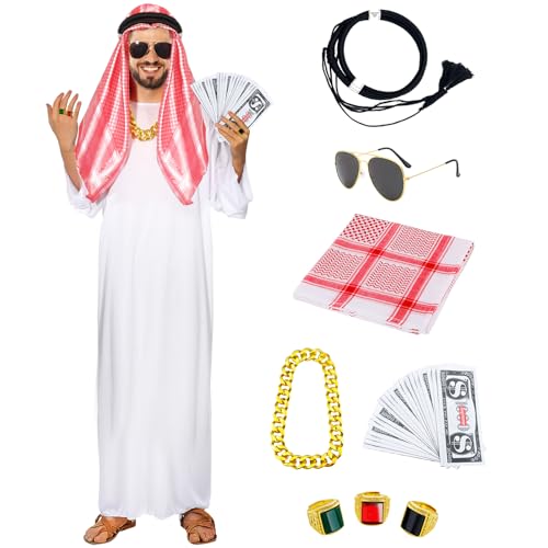 Arabischer Scheich Kostüm, arabische Ölscheich Kostüm für Männer, arabische weiße Robe mit Kopftuch, Fingerring, Halsketten, Sonnenbrille für Karneval Party (L) von Mprocen