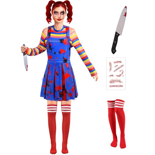 Mprocen Mädchen Gruseliges Puppenkostüm Halloween Fasching, Frauen Killerpuppe Kostüm mit Regenbogen gestreiftes Oberteil, Kleid und kniehohen Strümpfen für Halloween Karneval Mottoparty Cosplay Party von Mprocen