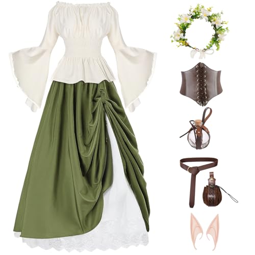 Mprocen Mittelalterliches Feenkostüm-Set für Damen, Renaissance-Kleider, Elfenmädchen, Cosplay, Ohren, Zubehör, Halloween, 7-teilig Mprocen Mittelalterliches Feenkostüm-Set für Damen, Renaissance-Kleider, Elfenmädchen, Cosplay, Ohren, Zubehör, Halloween, 7-teilig von Mprocen