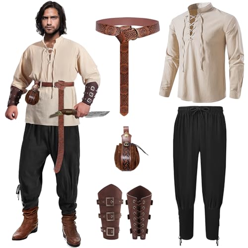 Mprocen Hemd Viking Kostüm Herren Set, Halloween Renaissance Viktorianisches Wikinger Kostüm mit Kniebundhosen Steampunk Gürtel für Halloween Faschingsverkleidung von Mprocen