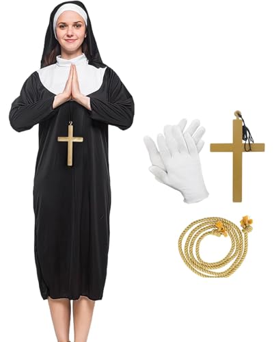 Mprocen Nonne Kostüm Nonnen Nonnen Fasching Kostüm Nonne Outfit Nonne Kostüme für Frauen Nonne Verkleidung Zubehör (Schwarz, XL) von Mprocen