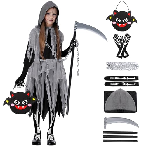 Mädchen Sensenmann Kostüm, Halloween Kinder Sensenmann Kostüm mit Todessense Candy Tote Tasche Handschuhe Knöchel Socken Kette, Gruseliges Outfit für Halloween Fasching Kostüm von Mprocen