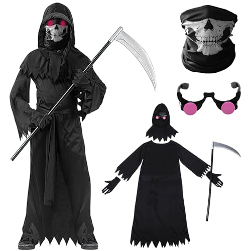 Mprocen Sensenmann Kostüm Set Horror Robe mit roten Augen Sense Handschuhe Gruseliger Geist Cosplay Halloween Dress Up Party von Mprocen