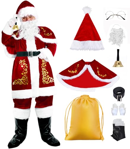 Mprocen Weihnachtsmann-Kostüm für Herren, Deluxe-Weihnachtsmann-Anzug, 11-teiliges Weihnachtsmann-Kostüm-Set, Samt, für Erwachsene von Mprocen