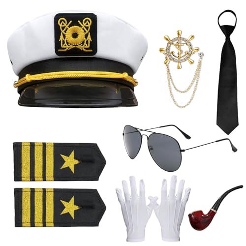 Mprocen Yacht Kapitän Hut Kostüm Zubehör, Verstellbare Kapitänsmütze, Gold Anker Brosche, Schulter Pins, Pfeife Prop, Schwarze Krawatte Sonnenbrille Für Halloween Karneval Cosplay Thema Party Mprocen Yacht Kapitän Hut Kostüm Zubehör, Verstellbare Kapitänsmütze, Gold Anker Brosche, Schulter Pins, Pfeife Prop, Schwarze Krawatte Sonnenbrille Für Halloween Karneval Cosplay Thema Party von Mprocen