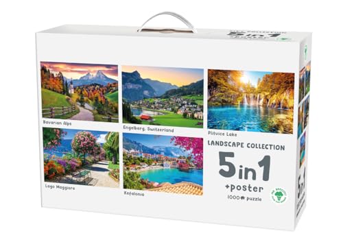 Landschafts-Puzzle-Set 5-in-1 mit Poster, 1000 Teile, Europäische Landschaften - Bayerische Alpen, Engelberg, Plitvicer Seen, Lago Maggiore, Kefalonia von Mr. Broccoli